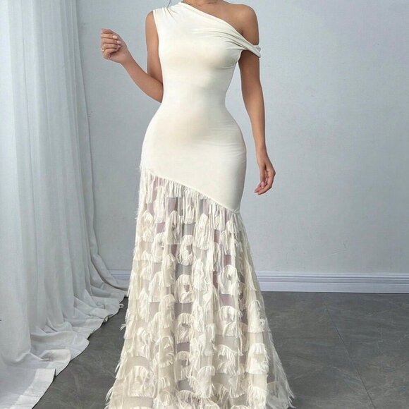 Apricot Elegant Women's Twist Shoulder Slim Fit Bodycon Fish Tail Jacquard Dress - Picture 2 of 8